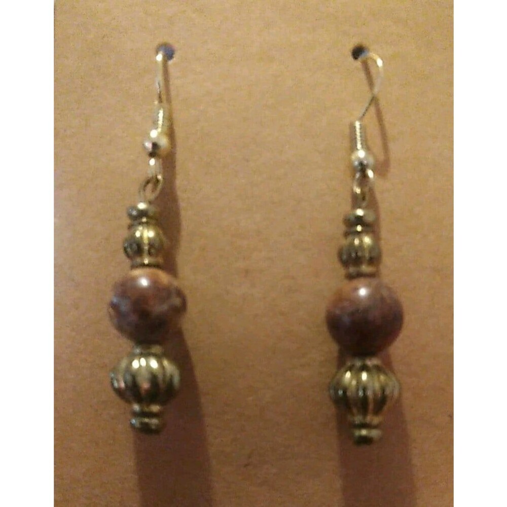 Beaded Earrings, Wood Beads, Dangle, Handcrafted, Goldtone